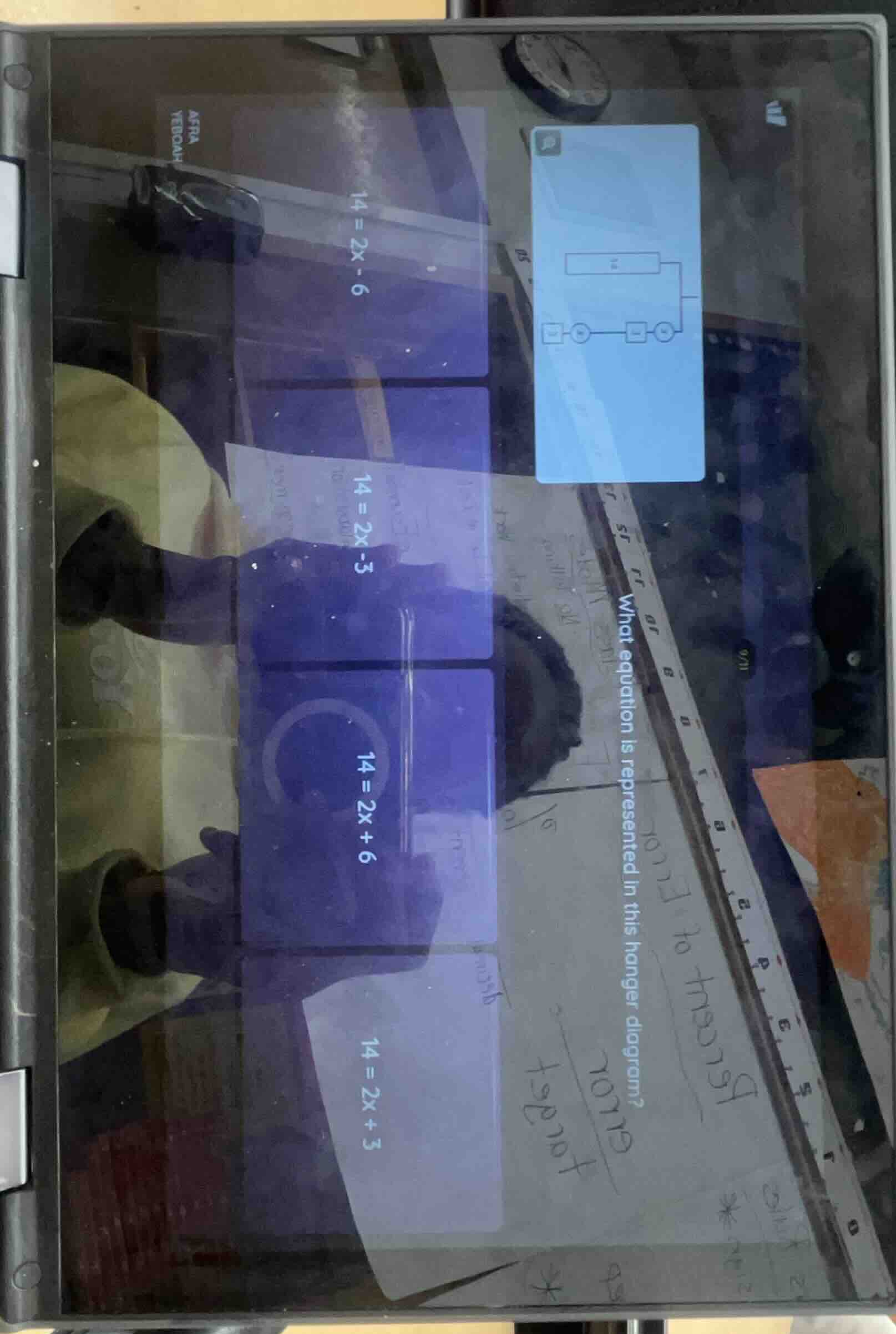 what equation is represented in this hanger diagram? 14 = 2x - 6 14 = 2…