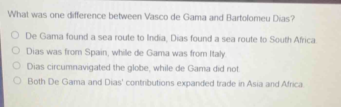 what was one difference between vasco de gama and bartolomeu dias? de g…