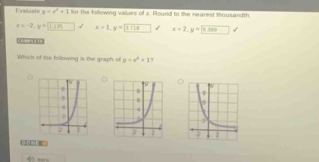 evaluate $y = e^x + 1$ for the following values of $x$. round to the ne…