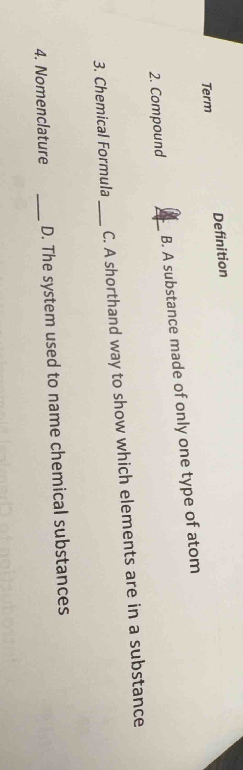 term definition 2. compound b. a substance made of only one type of ato…