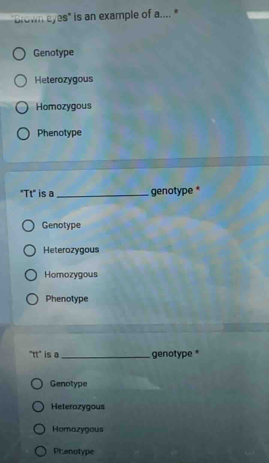 \brown eyes\ is an example of a.... * ○ genotype ○ heterozygous ○ homoz…