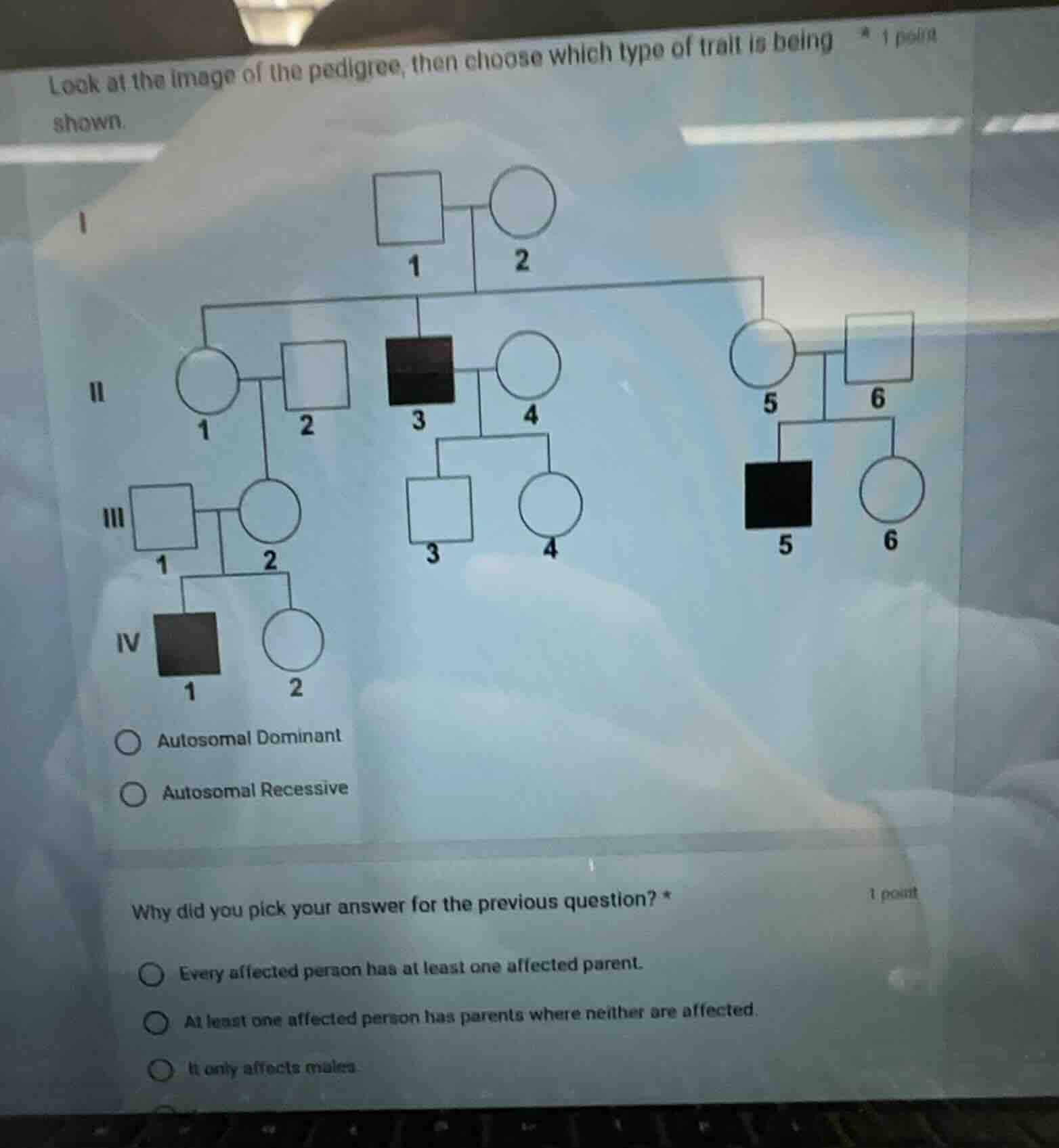 look at the image of the pedigree, then choose which type of trait is b…