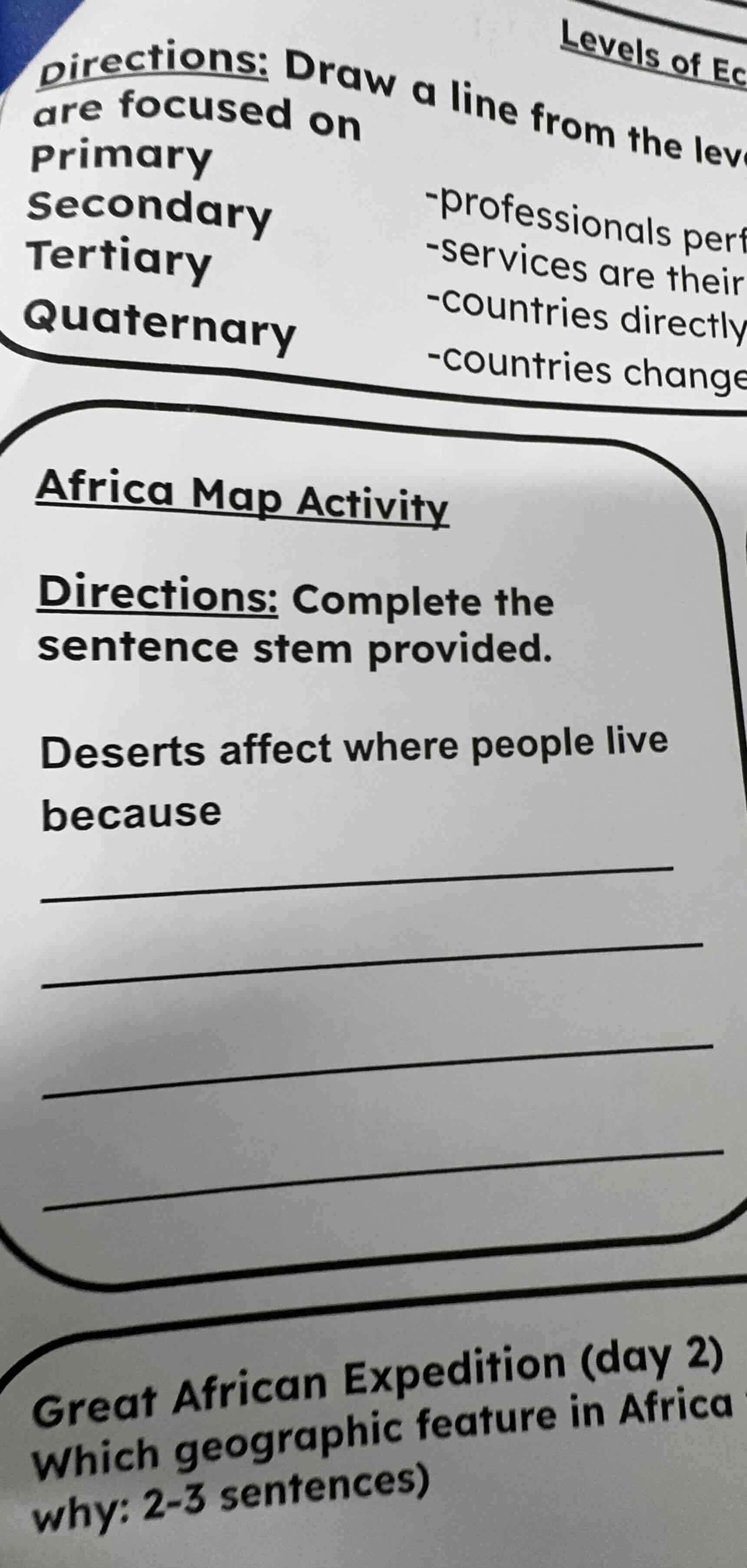 africa map activity directions: complete the sentence stem provided. de…