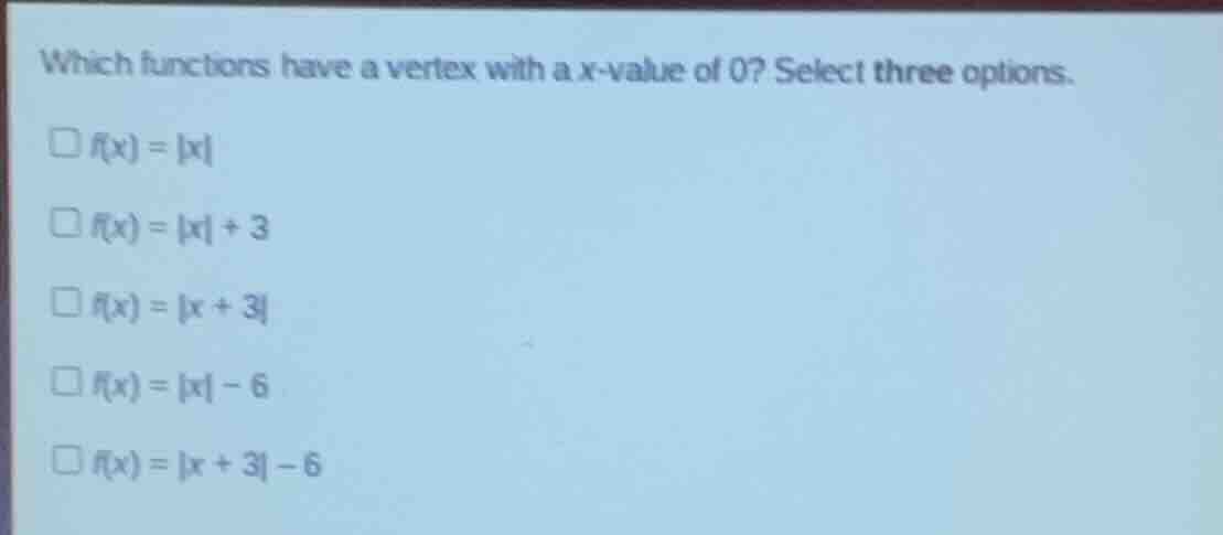 which functions have a vertex with a x - value of 0? select three optio…