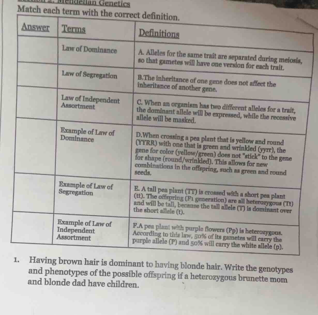 mendelian genetics match each term with the correct definition. | answe…