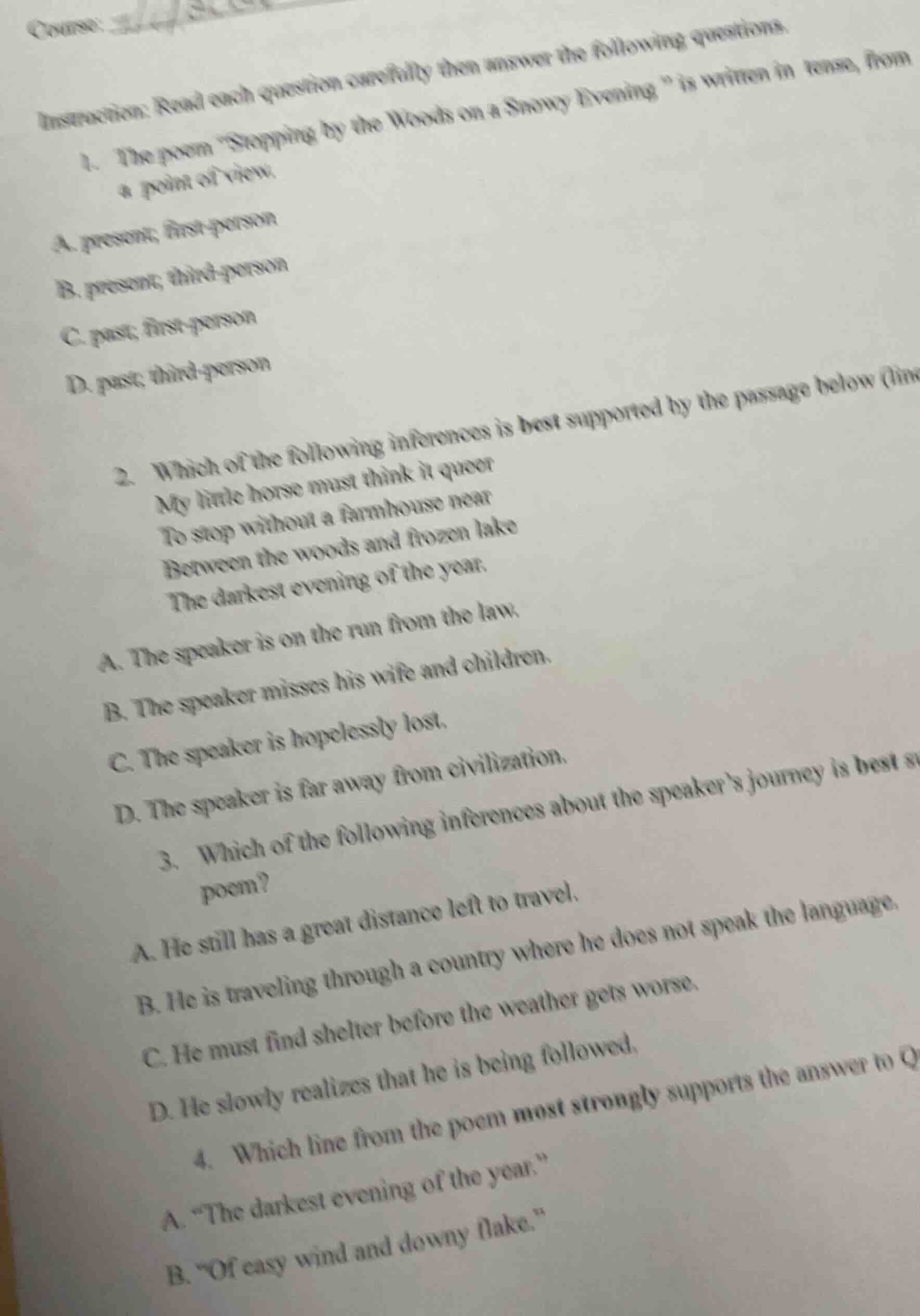 course: instruction: read each question carefully then answer the follo…