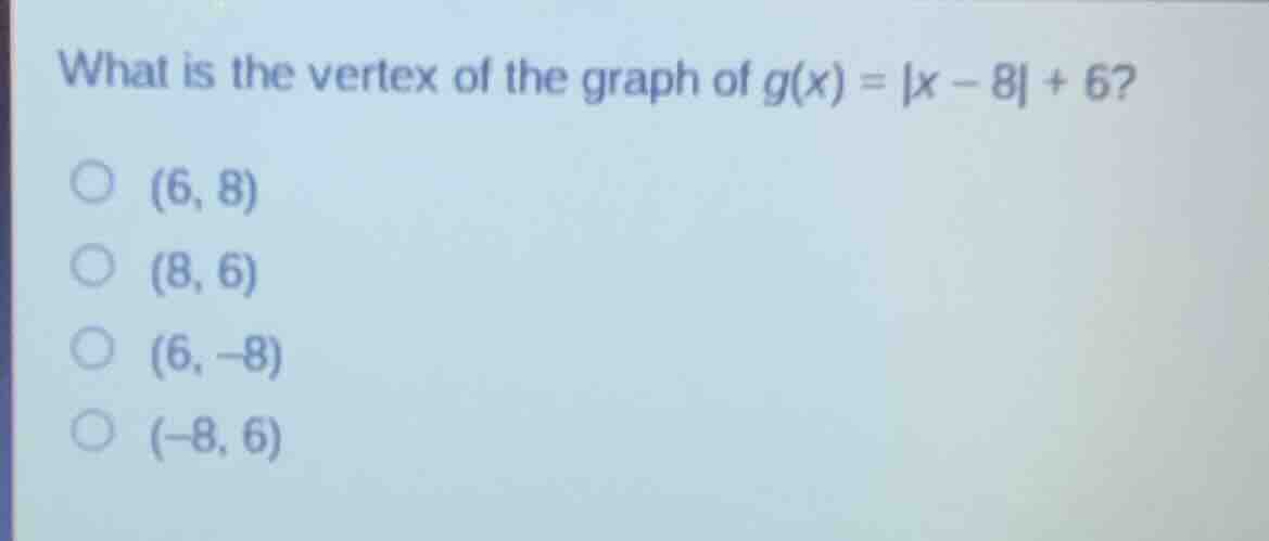 what is the vertex of the graph of $g(x)=|x - 8|+6$?\ $\\bigcirc\\ (6, …