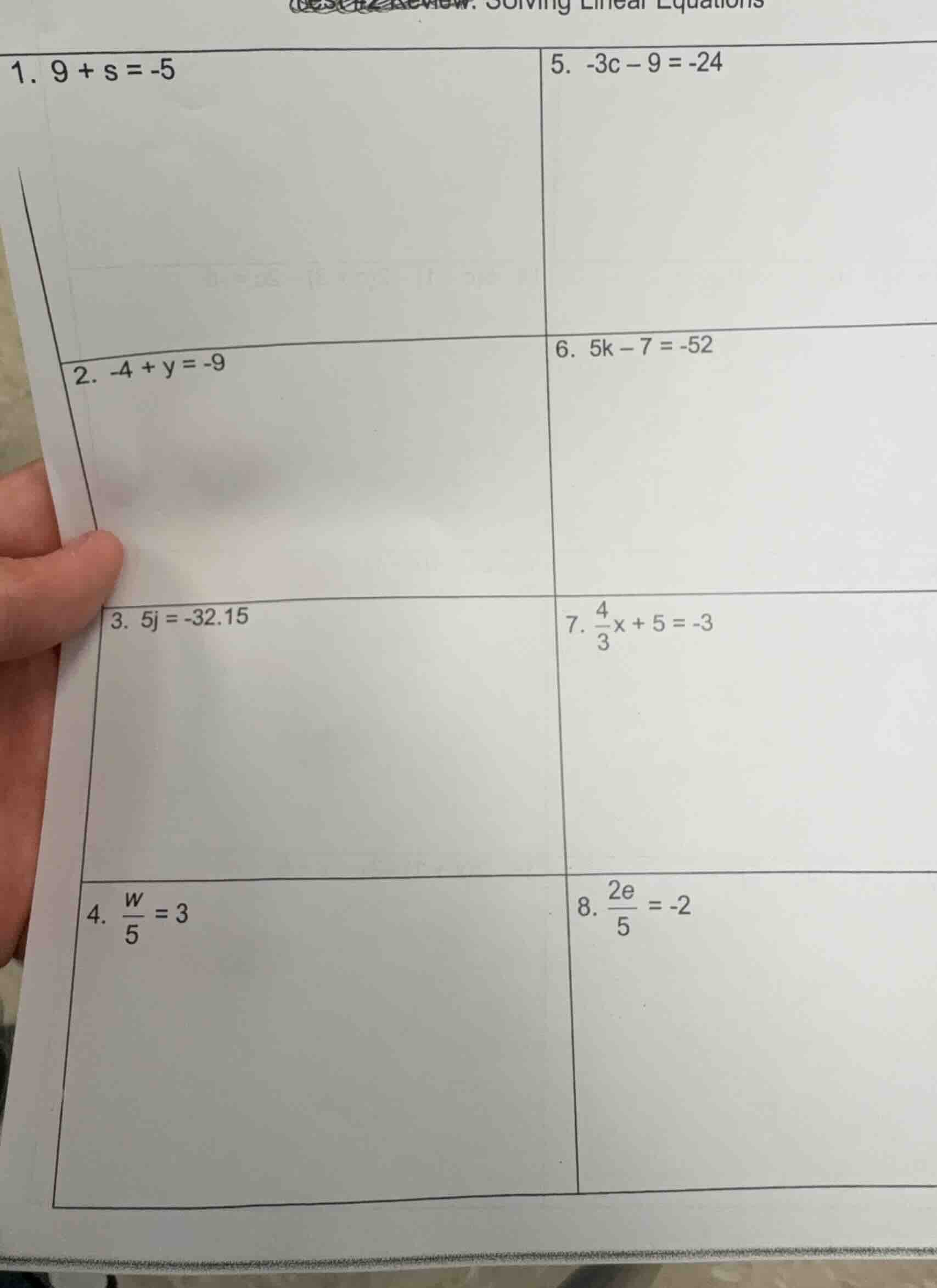 1. $9 + s = -5$ 2. $-4 + y = -9$ 3. $5j = -32.15$ 4. $\frac{w}{5} = 3$ …