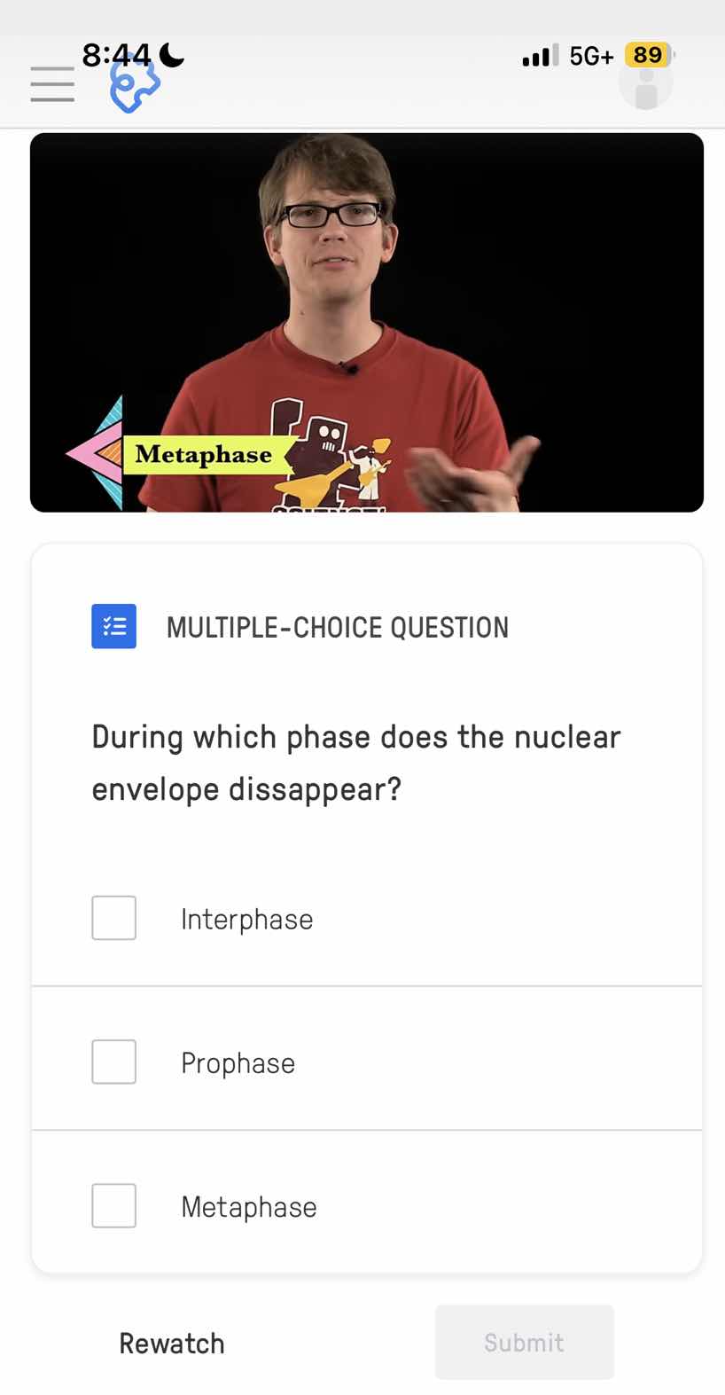 multiple-choice question during which phase does the nuclear envelope d…