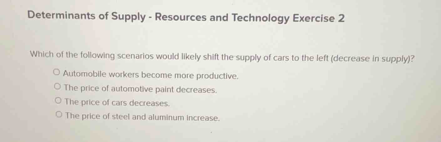 determinants of supply - resources and technology exercise 2 which of t…