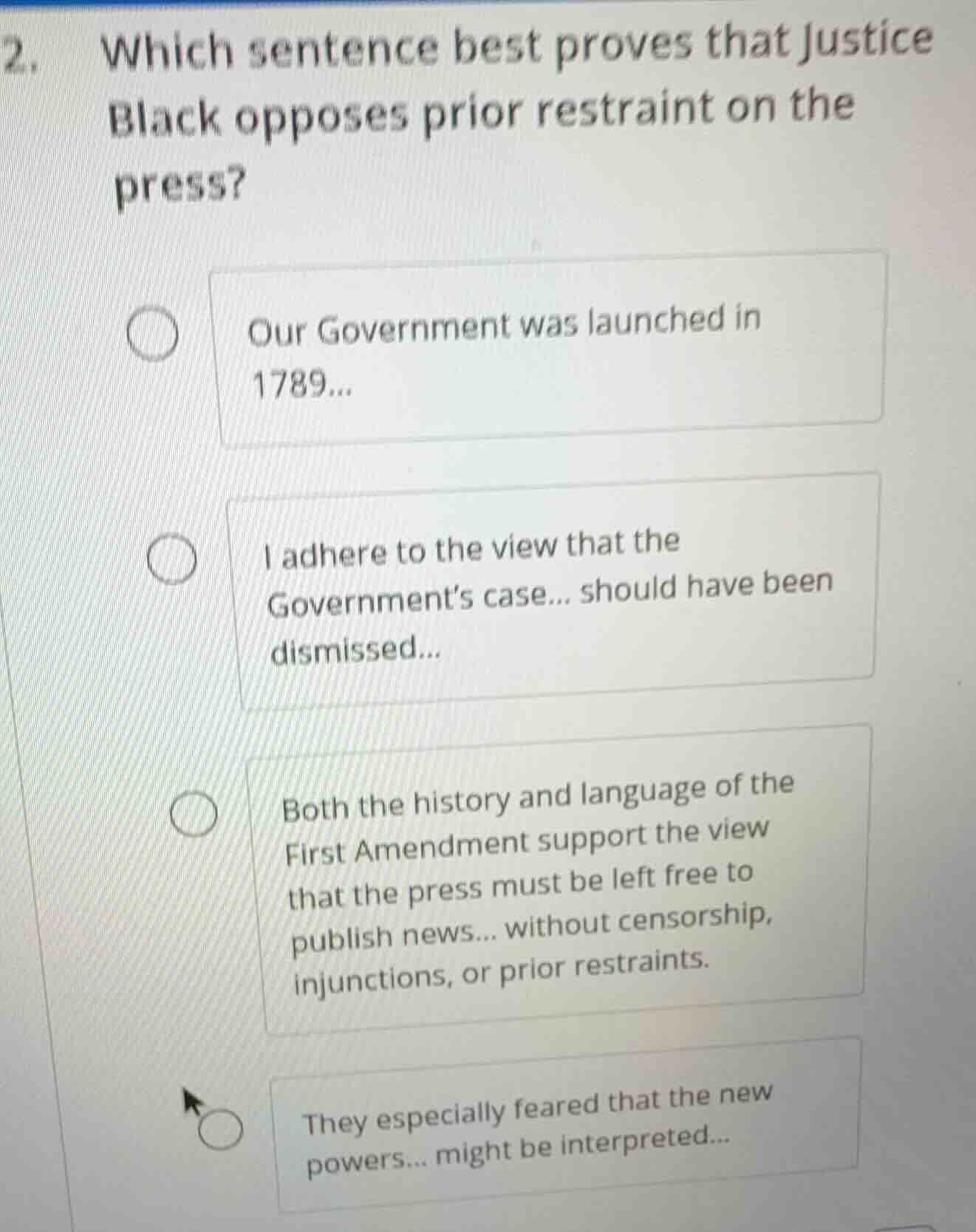 2. which sentence best proves that justice black opposes prior restrain…