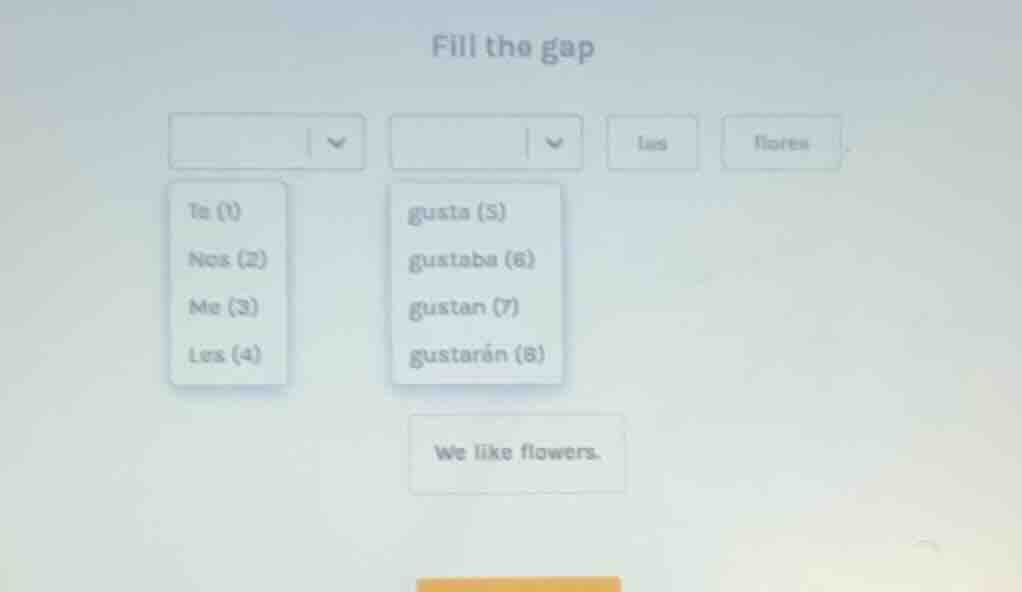 fill the gap te (1) nos (2) me (3) los (4) gusta (5) gustaba (6) gustan…