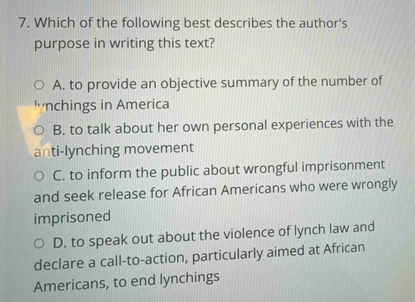 7. which of the following best describes the authors purpose in writing…