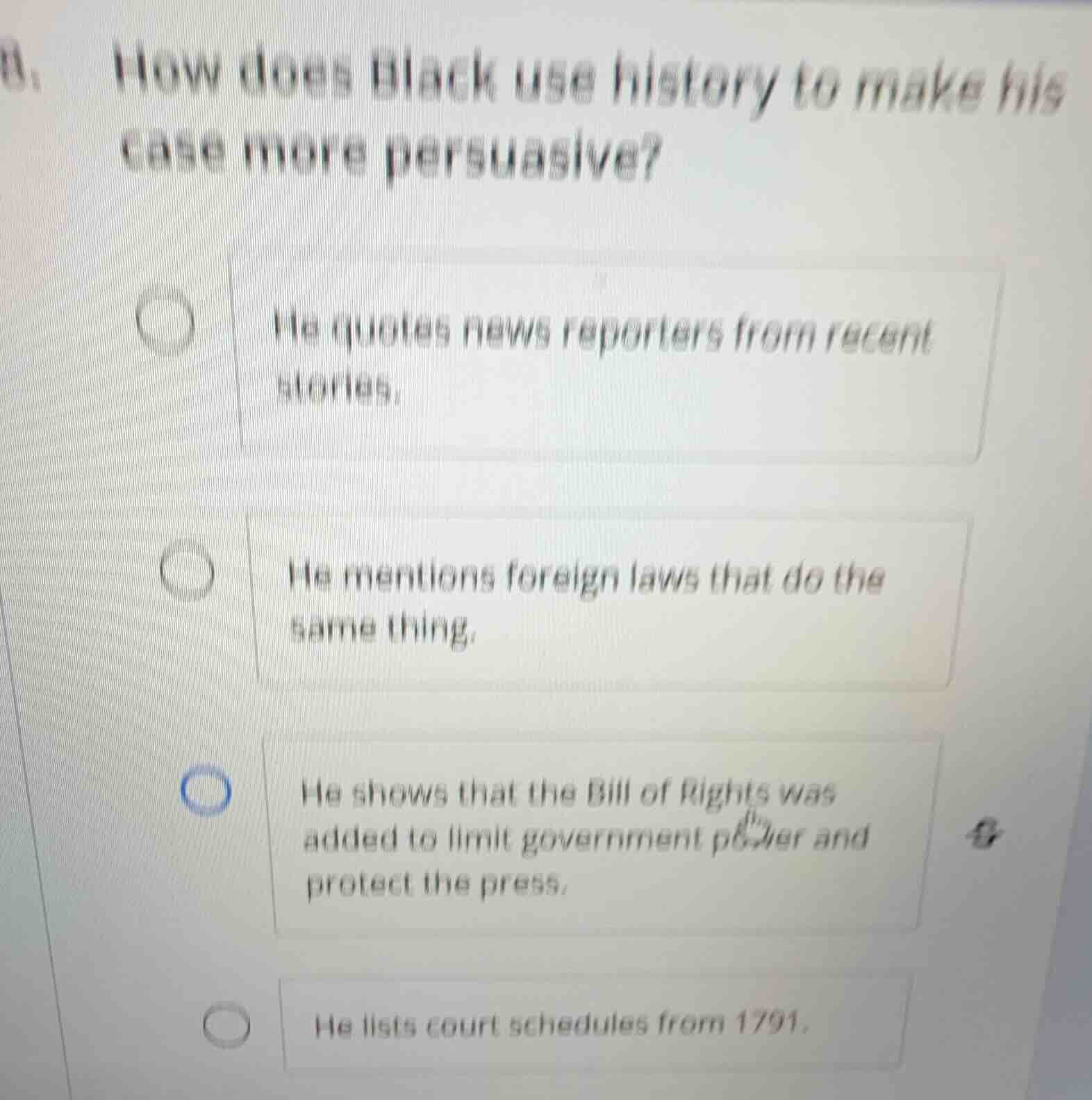 how does black use history to make his case more persuasive? he quotes …