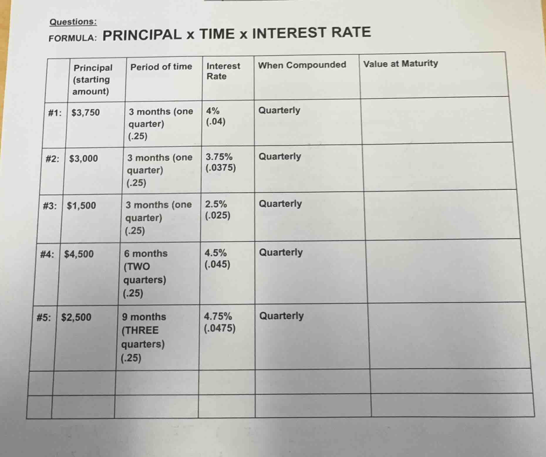 questions: formula: principal × time × interest rate | | principal (sta…