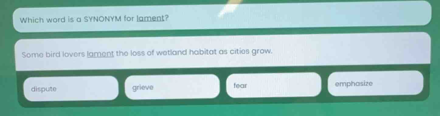 which word is a synonym for lament? some bird lovers lament the loss of…