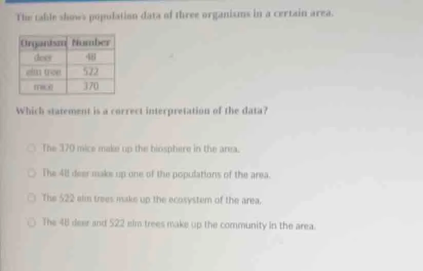 the table shows population data of three organisms in a certain area. o…