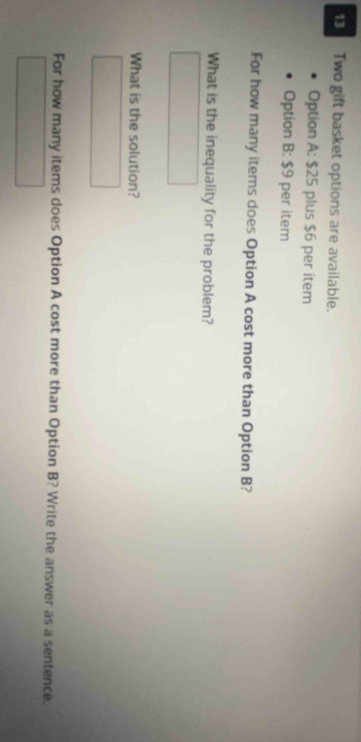 two gift basket options are available. - option a: $25 plus $6 per item…