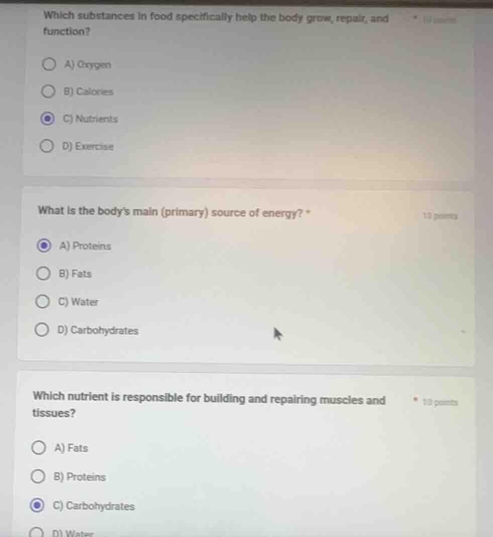 which substances in food specifically help the body grow, repair, and f…