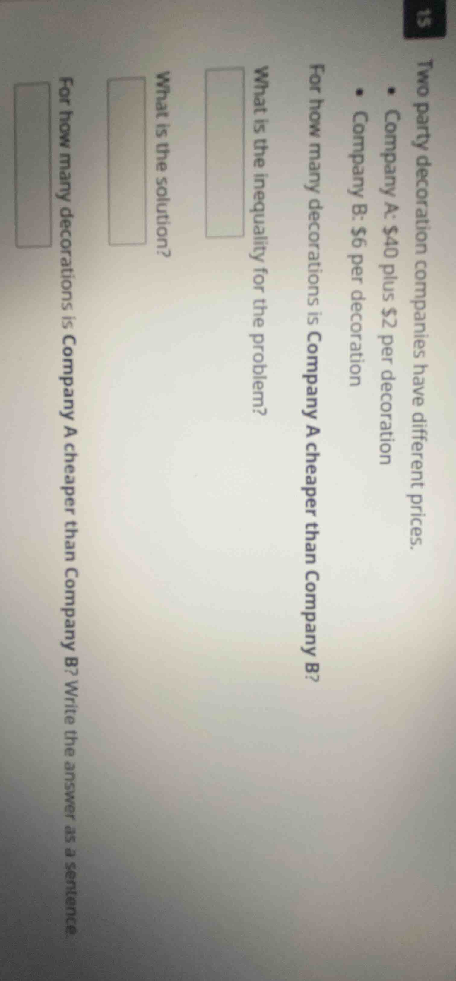 two party decoration companies have different prices. - company a: $40 …