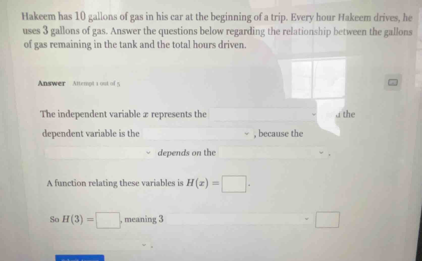 hakeem has 10 gallons of gas in his car at the beginning of a trip. eve…