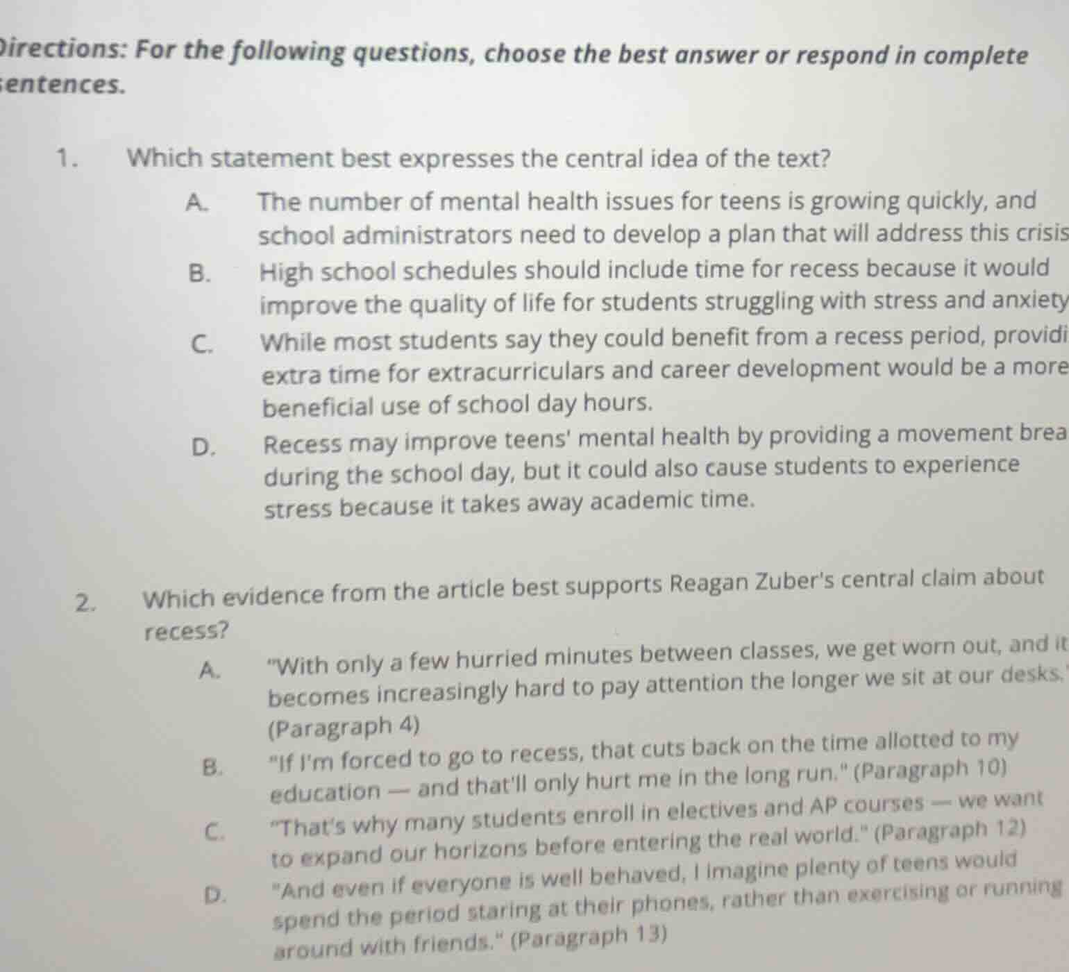 directions: for the following questions, choose the best answer or resp…