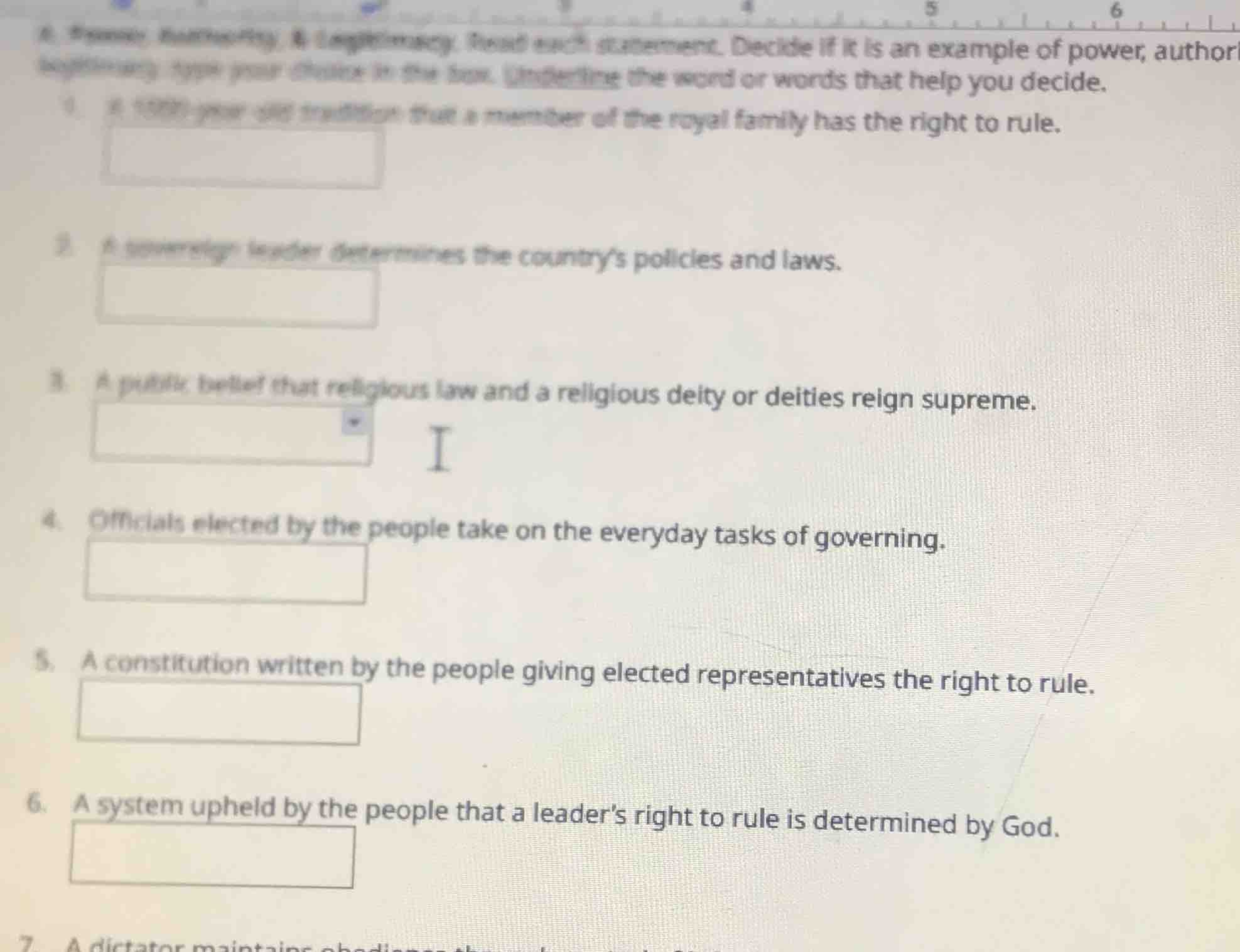 6. power, authority, & legitimacy. read each statement. decide if it is…
