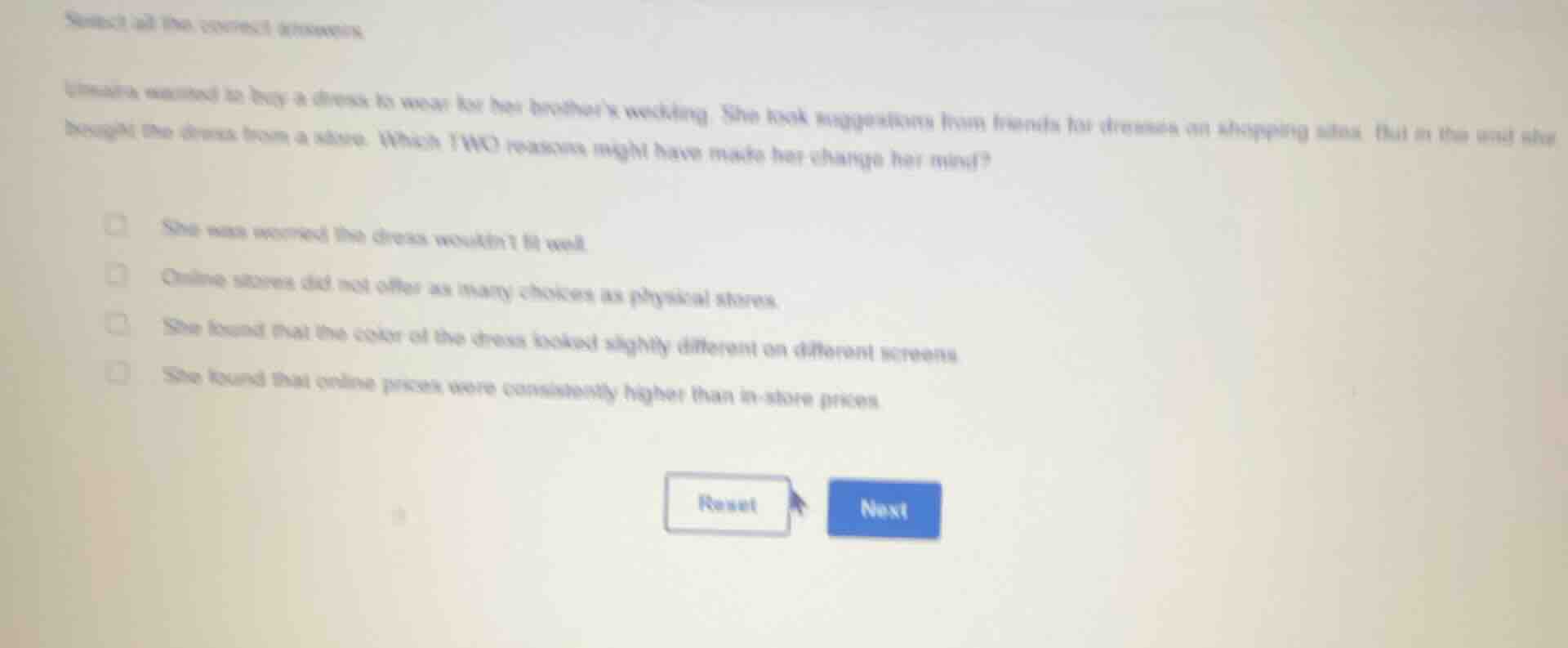 select all the correct answers. linaria wanted to buy a dress to wear f…