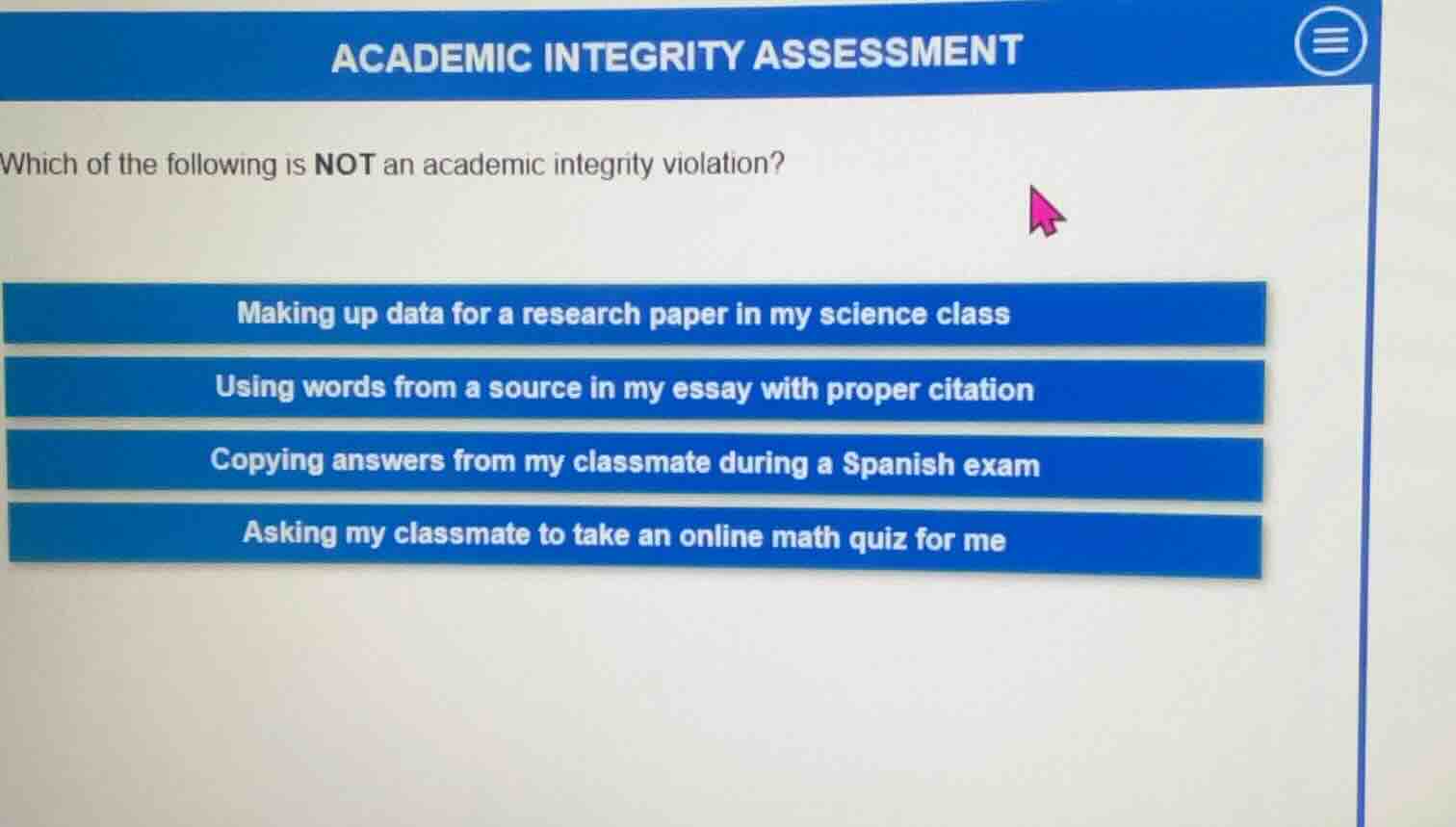 academic integrity assessment which of the following is not an academic…
