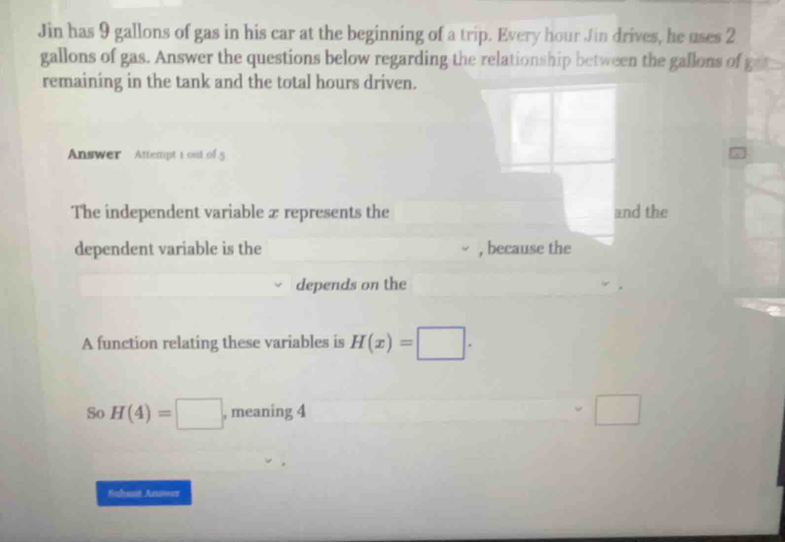 jin has 9 gallons of gas in his car at the beginning of a trip. every h…