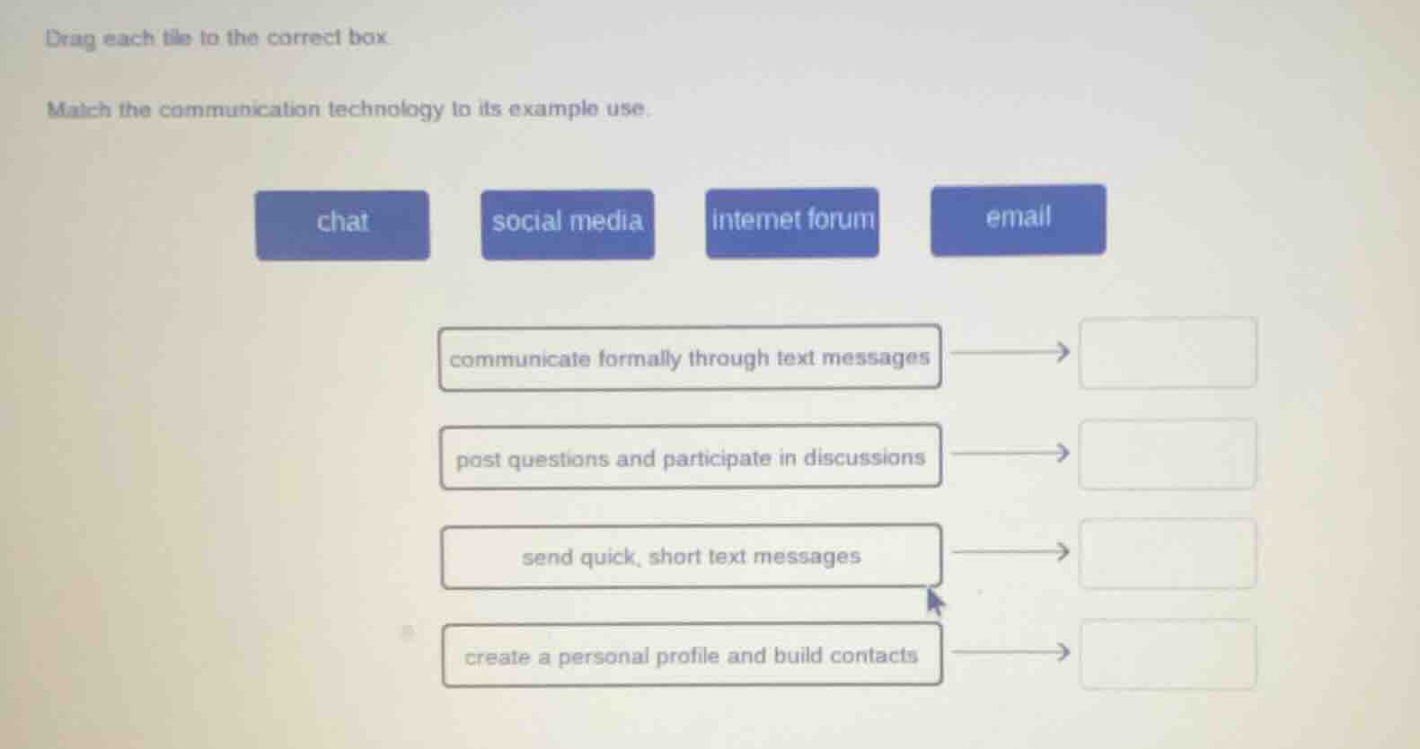 drag each tile to the correct box. match the communication technology t…