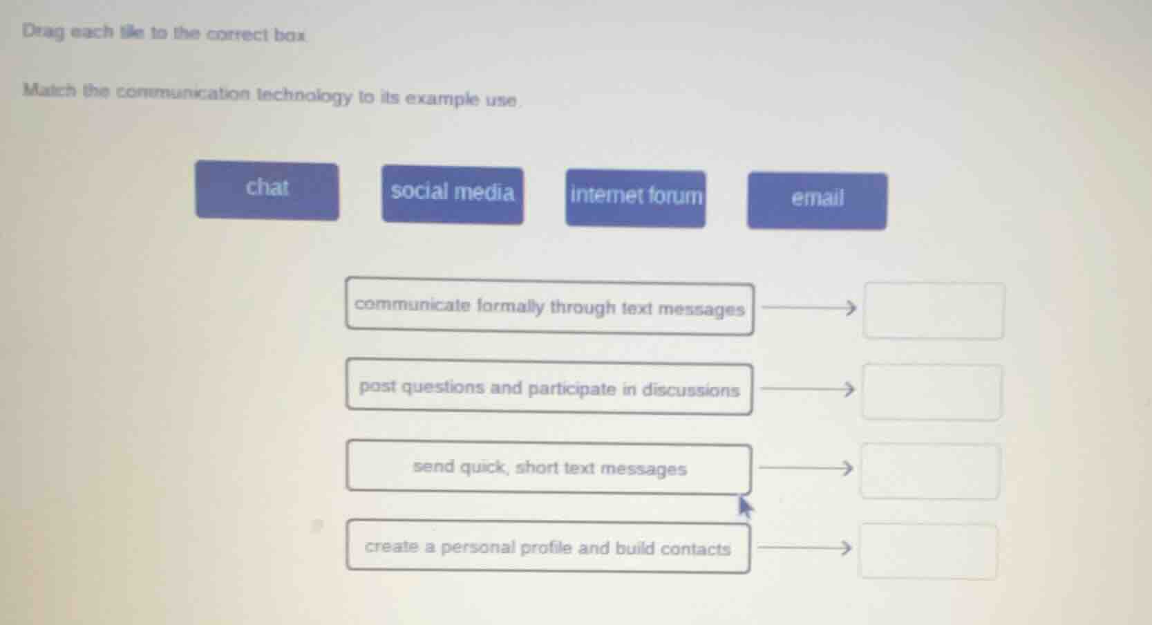 drag each tile to the correct box. match the communication technology t…
