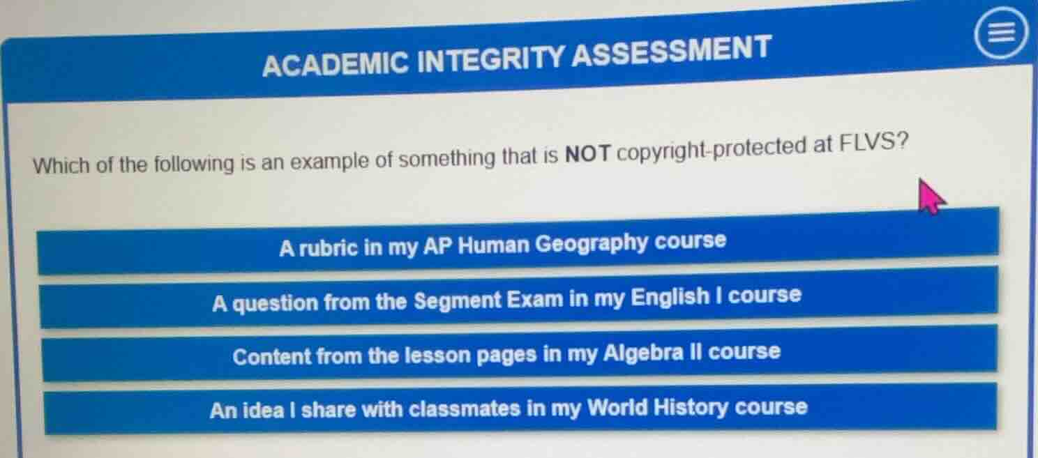 academic integrity assessment which of the following is an example of s…