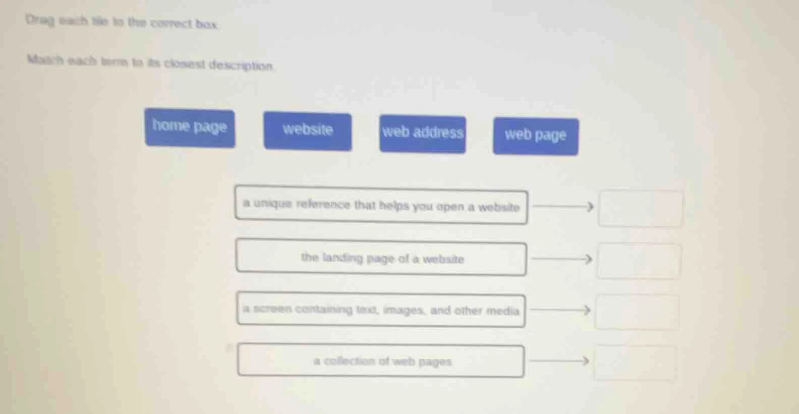 drag each tile to the correct box. match each term to its closest descr…