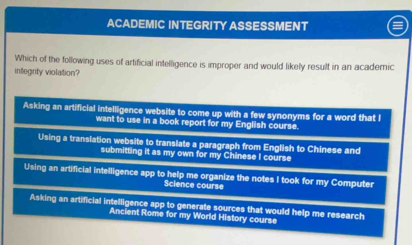 academic integrity assessment which of the following uses of artificial…
