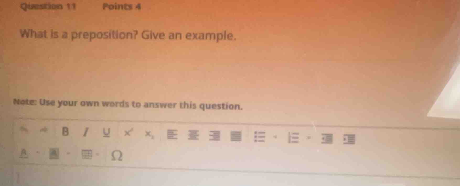 question 11 points 4 what is a preposition? give an example. note: use …