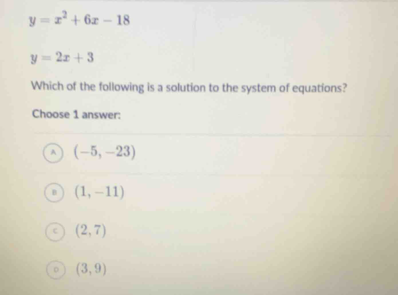 y = x² + 6x - 18 y = 2x + 3 which of the following is a solution to the…