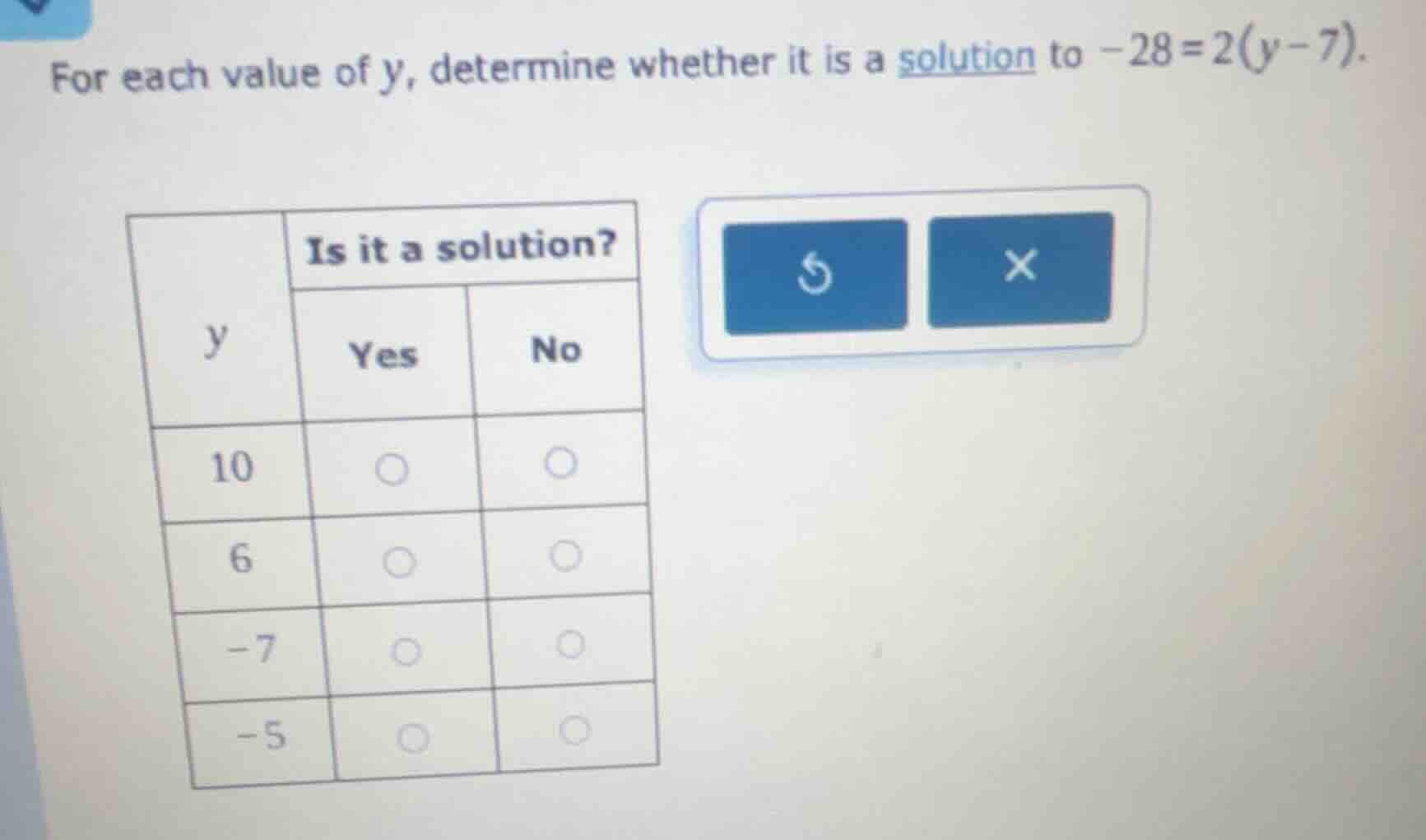 for each value of y, determine whether it is a solution to -28=2(y-7). …