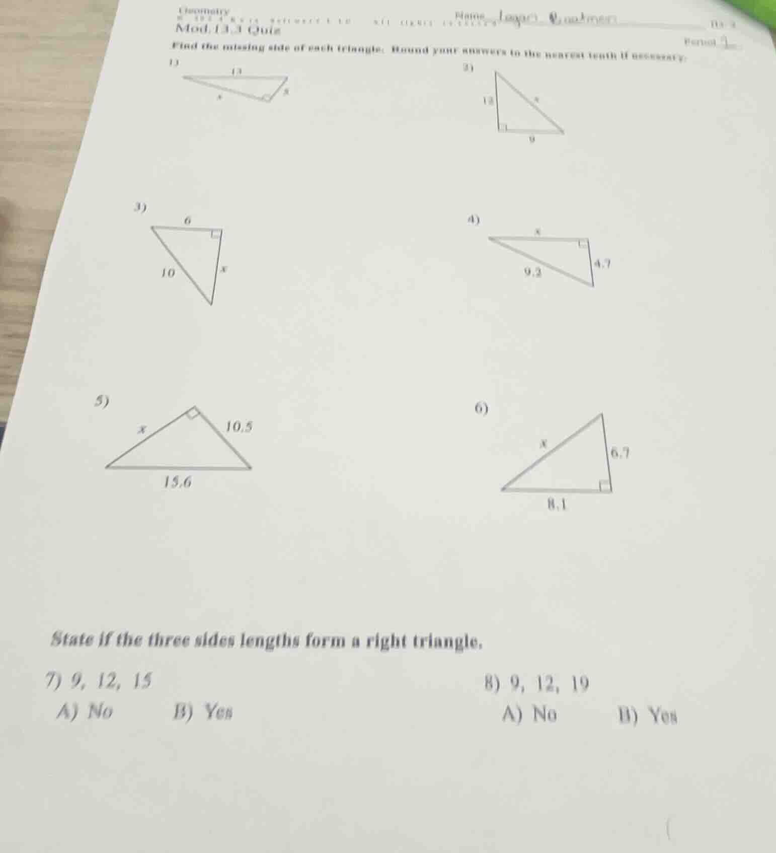 geometry mod, 13.3 quiz name find the missing side of each triangle. ro…
