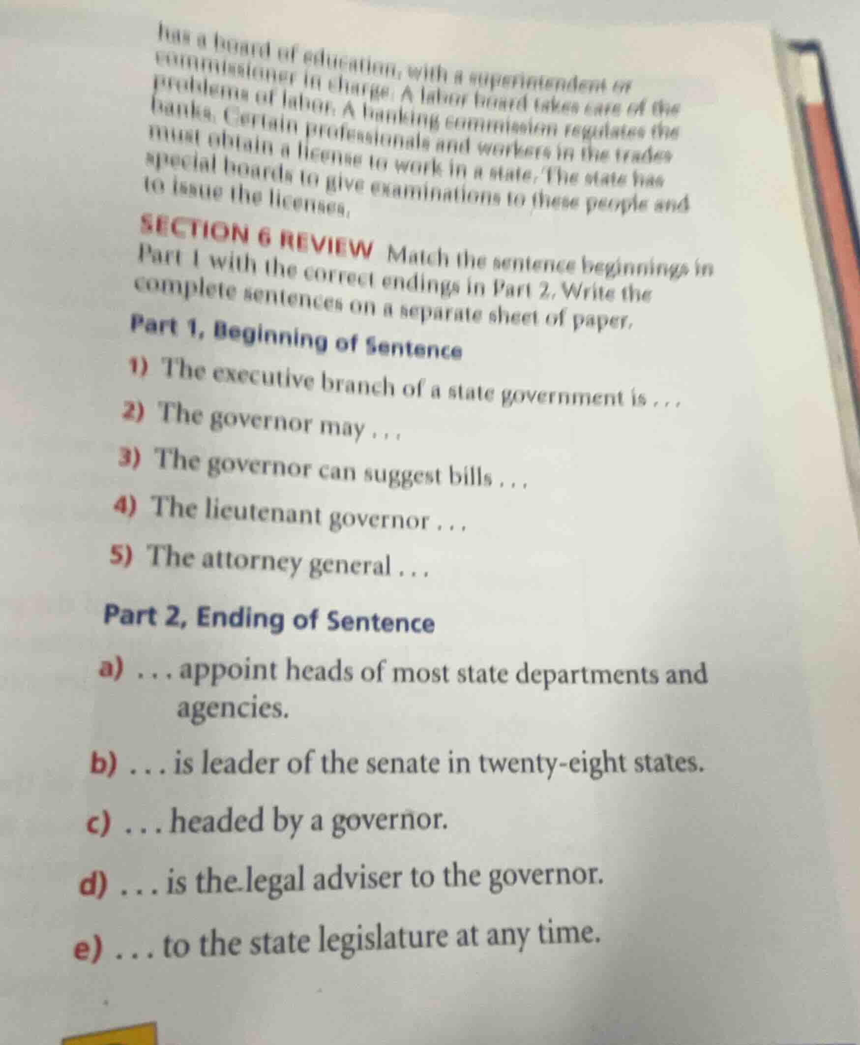 section 6 review match the sentence beginnings in part 1 with the corre…