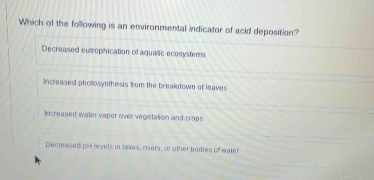 which of the following is an environmental indicator of acid deposition…