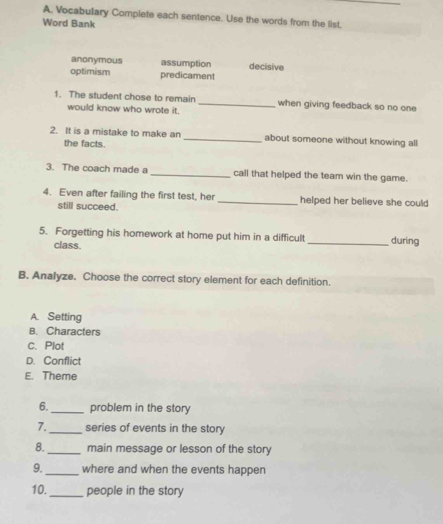 a. vocabulary complete each sentence. use the words from the list. word…