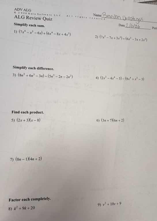 adv alg alg review quiz simplify each sum. 1) ((7x^4 - x^3 - 6x)+(6x^4 …