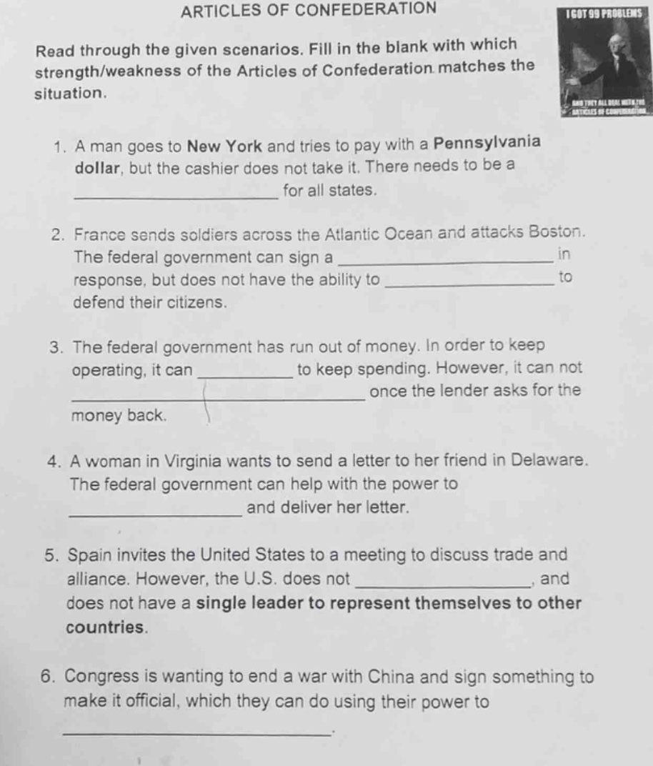 articles of confederation read through the given scenarios. fill in the…