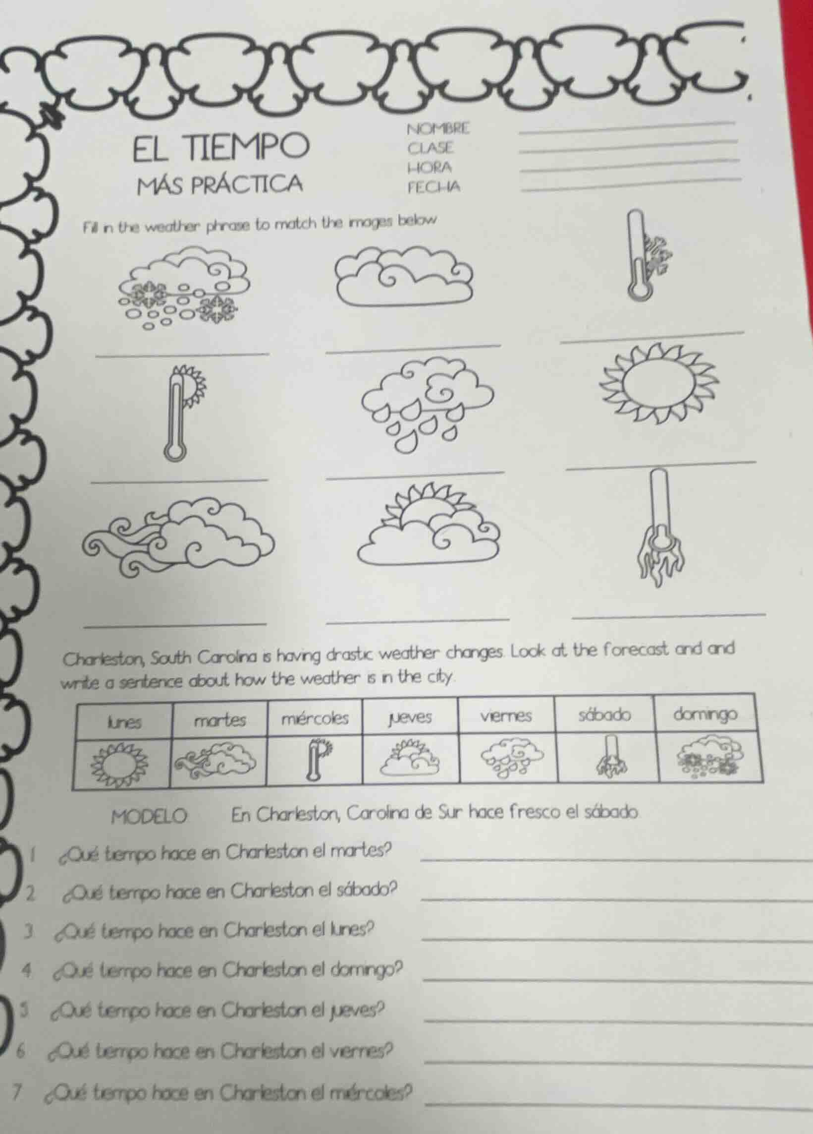 el tiempo más práctica nombre clase hora fecha fill in the weather phra…