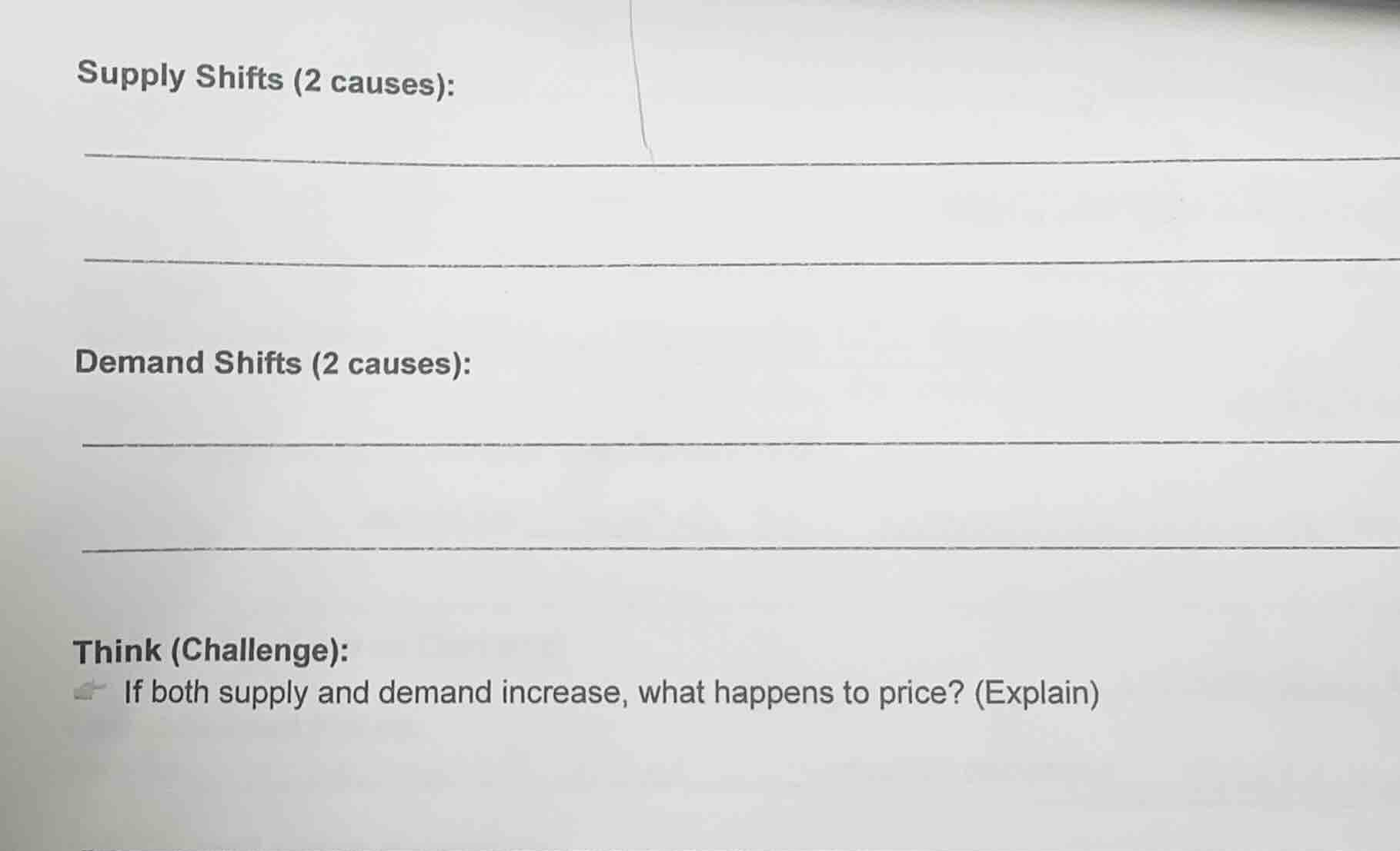 supply shifts (2 causes): demand shifts (2 causes): think (challenge): …