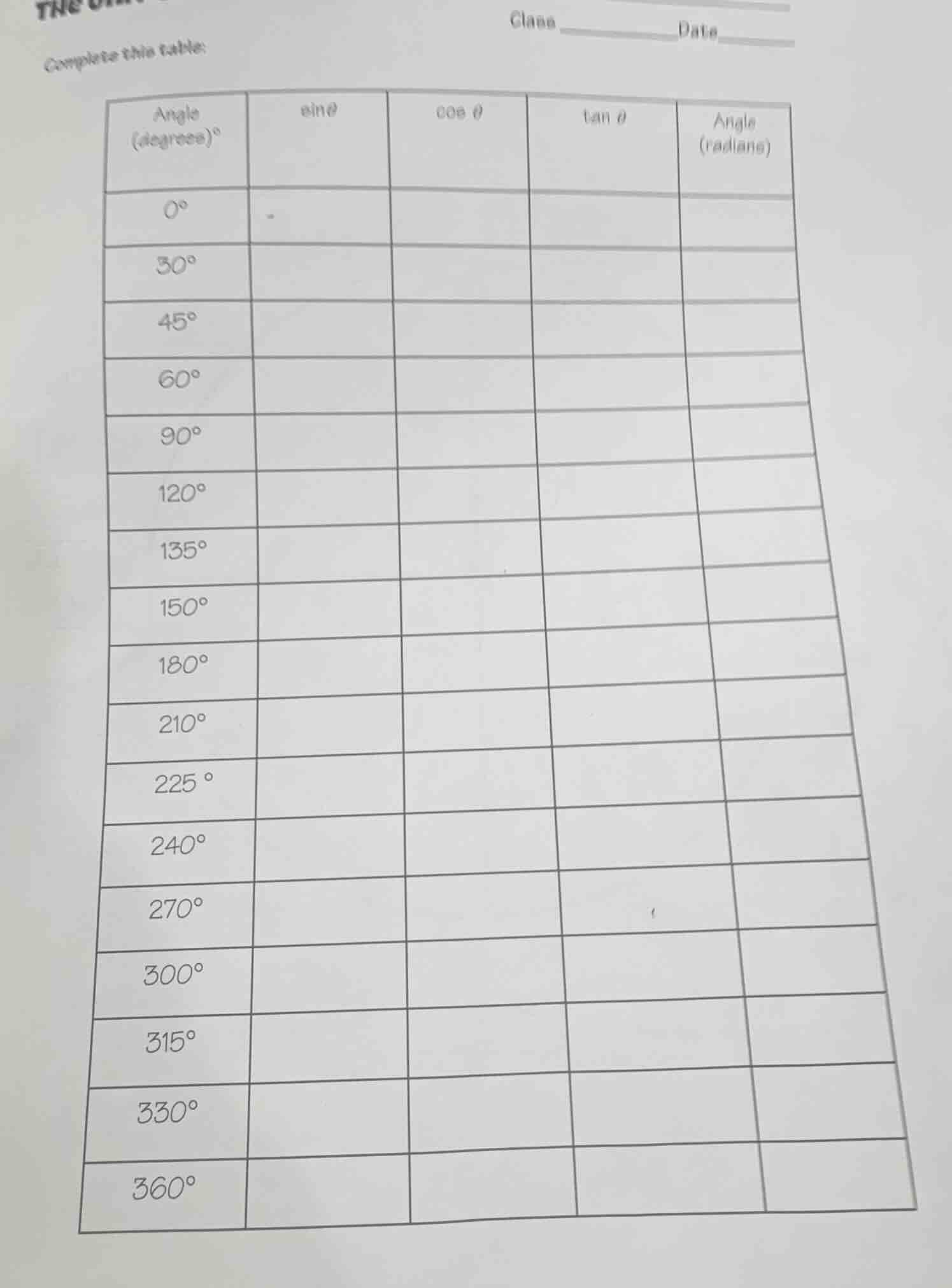 complete this table: | angle (degrees)° | $sin\\theta$ | $cos\\theta$ |…