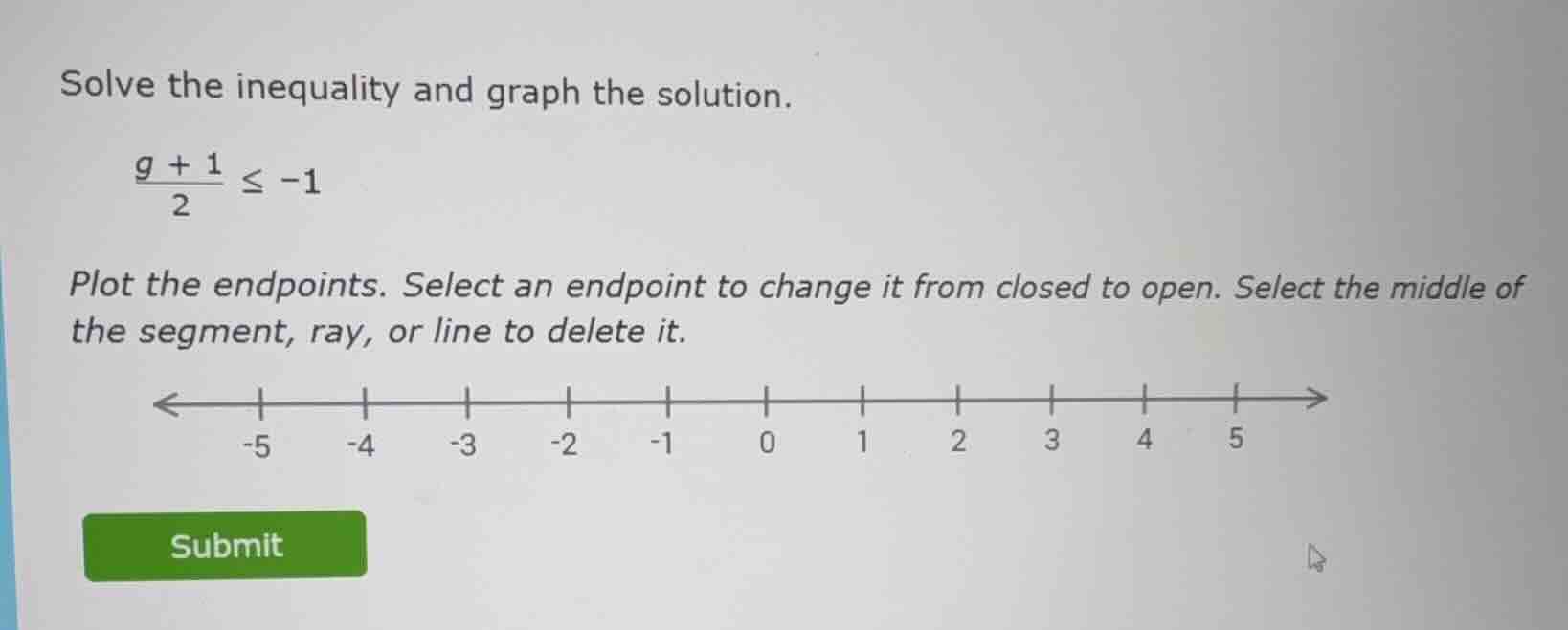 solve the inequality and graph the solution.\\(\frac{g + 1}{2} \\leq -1…