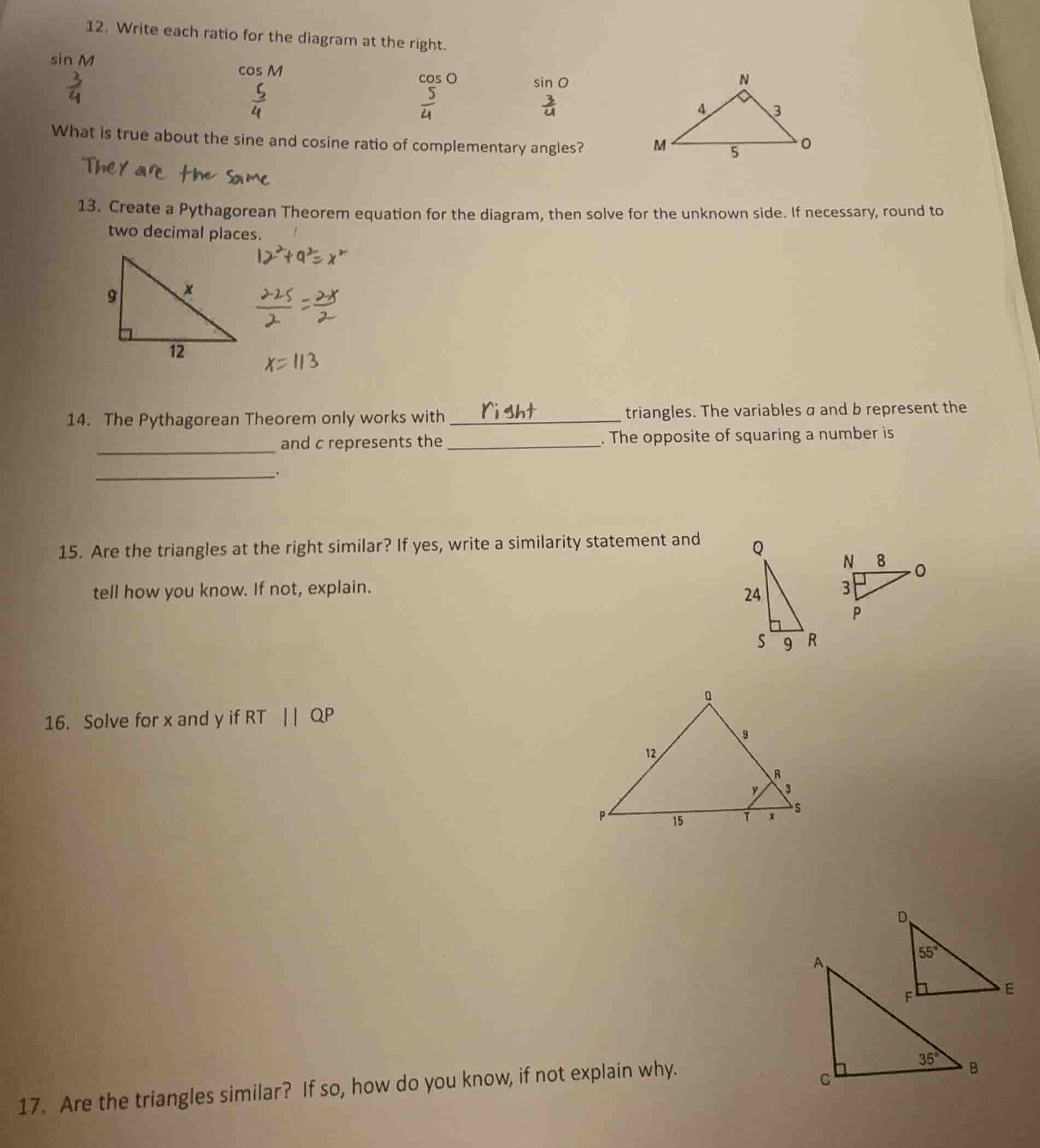 12. write each ratio for the diagram at the right. sin m cos m cos o si…