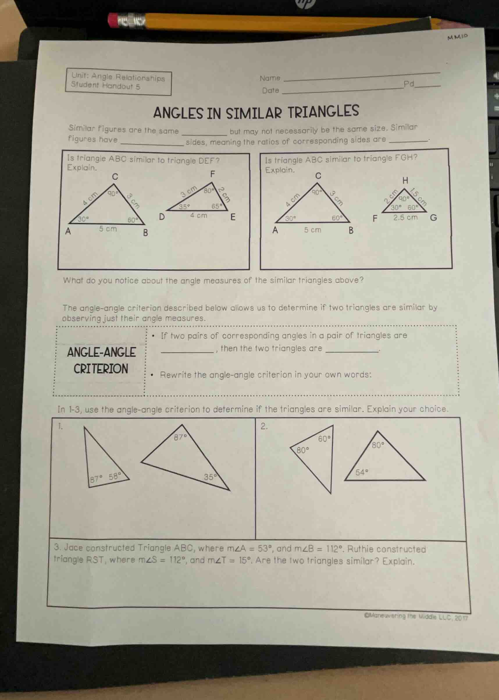 unit: angle relationships student handout 5 name date pd angles in simi…